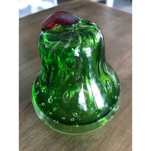 Vintage Art Glass Green Fruit Pear Controlled Bubble‎ Paper Weight
